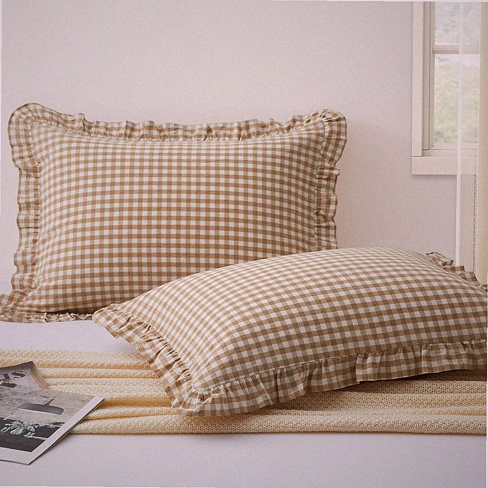 2 Pcs Plaid Ruffle Pillow Case King Size, Ruffled Gingham Cotton Pillowcases...