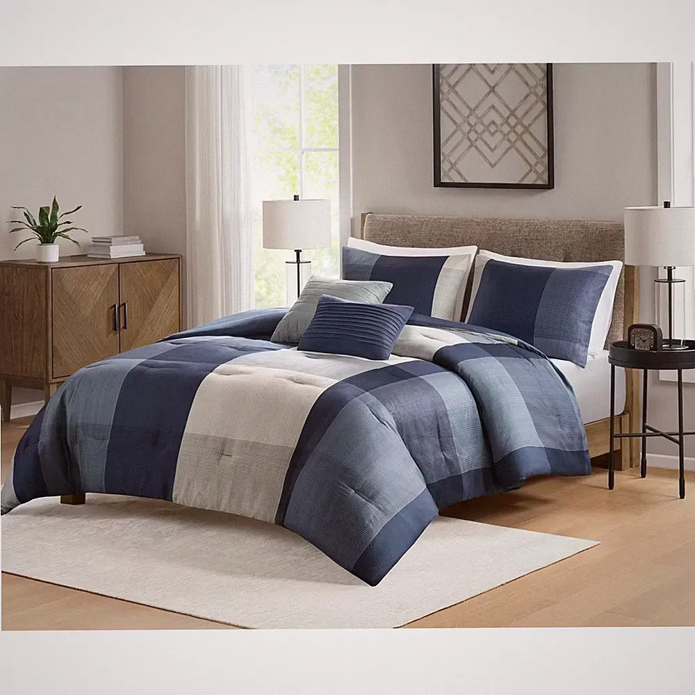 5pc King Plaid Bedding Set Blue
