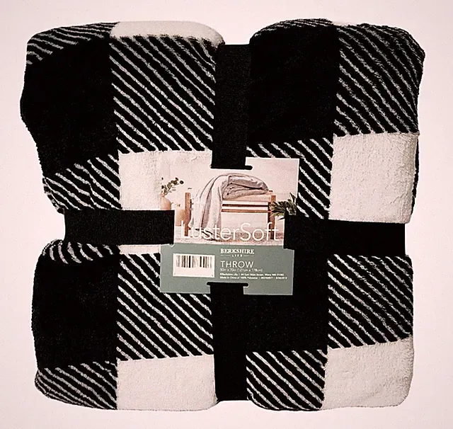 Berkshire LusterSoft Plush Throw Blanket Black White Buffalo Plaid 50 x 70 Soft