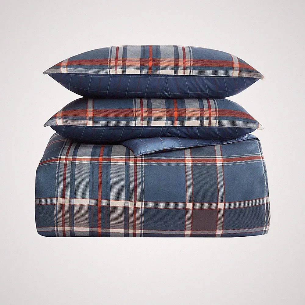 Eddie Bauer King Duvet Cover Set Shasta Lake Navy Plaid Reversible Cotton