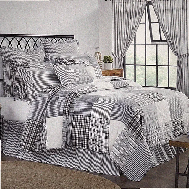 Farmhouse Queen Quilt Set Black Sawyer Mill Textured Cotton Hand VHC Brands