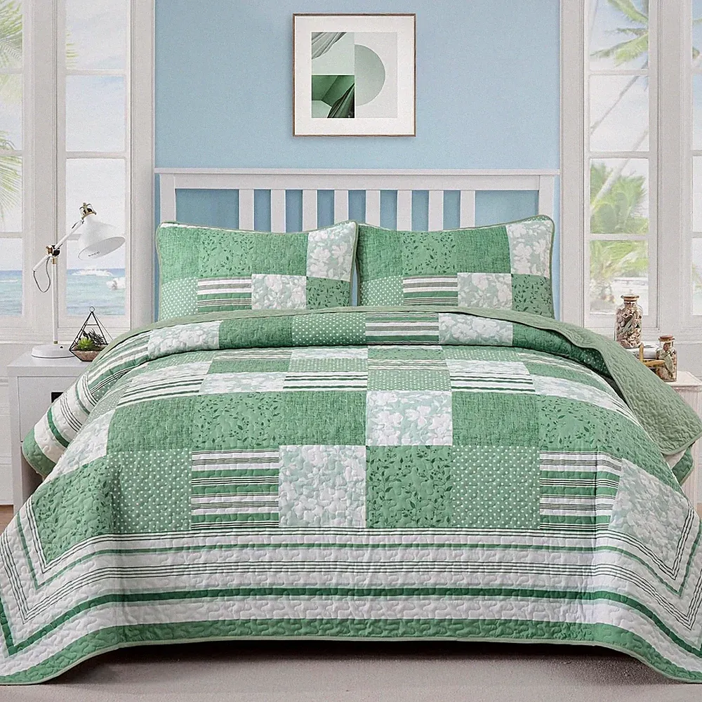 Green Patchwork King Quilt Bedding Set, Summer Plaid King Bedspreads, 3 Pieces L
