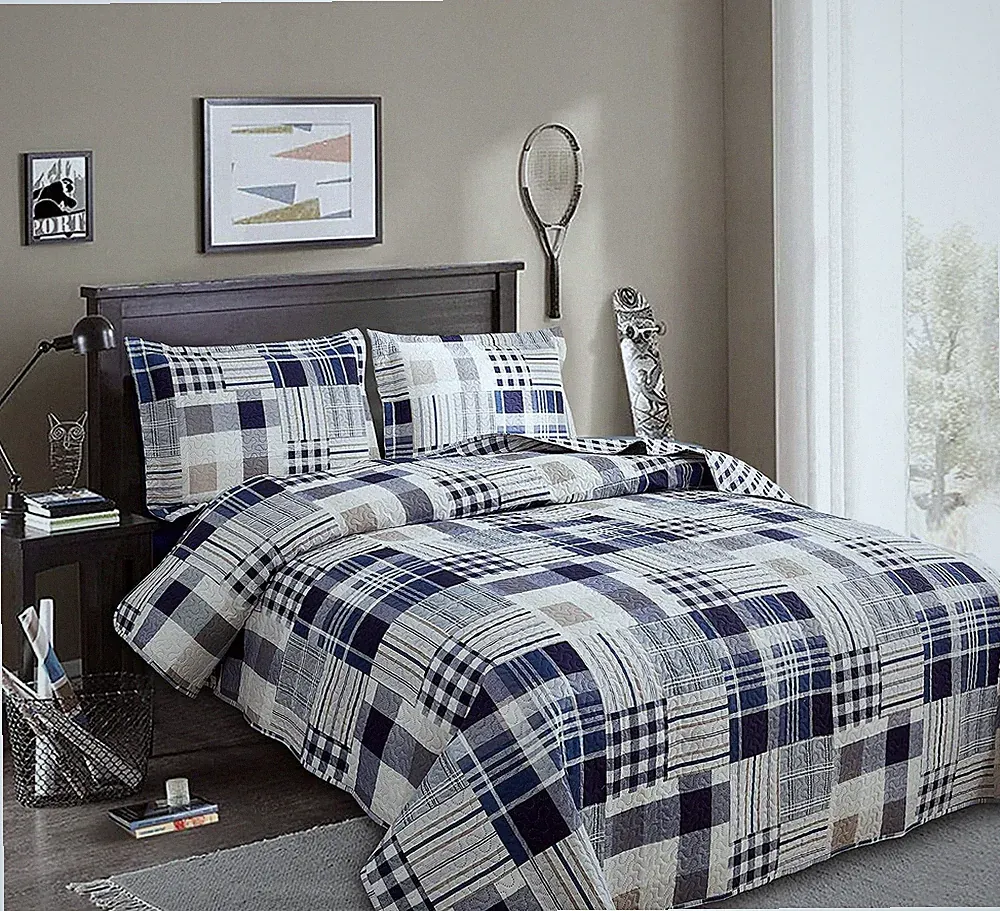 Jarson Patchwork Bedding Plaid Quilts Set Full/Queen Size, 3Pcs Navy Blue Buffal