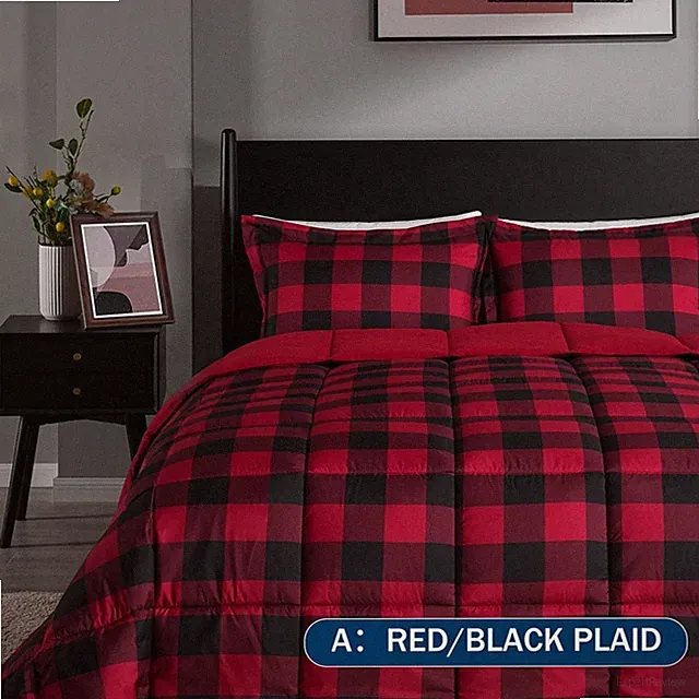 Lightweight Plaid Comforter Set Queen with 2 Pillow Shams - 3-Piece Set - Red...