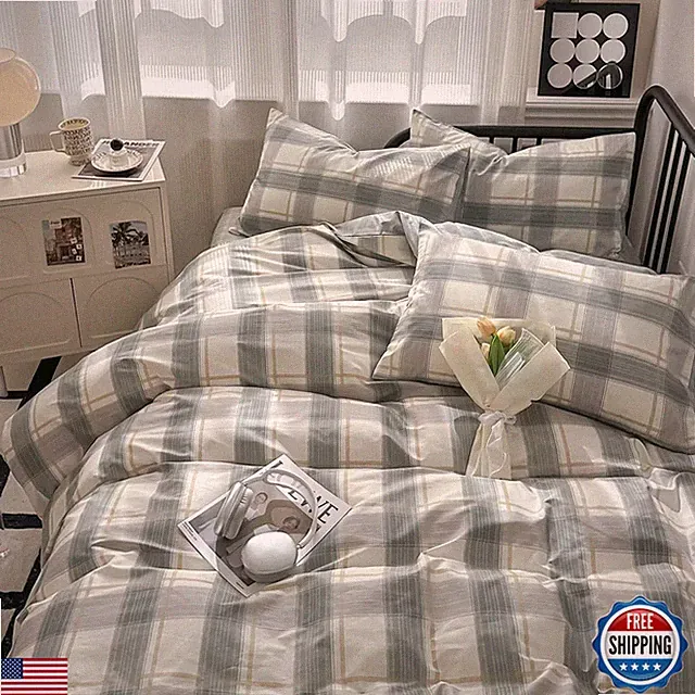 Mkxi Vintage Green Plaid Duvet Cover Set Checkered Design Farmhouse Look