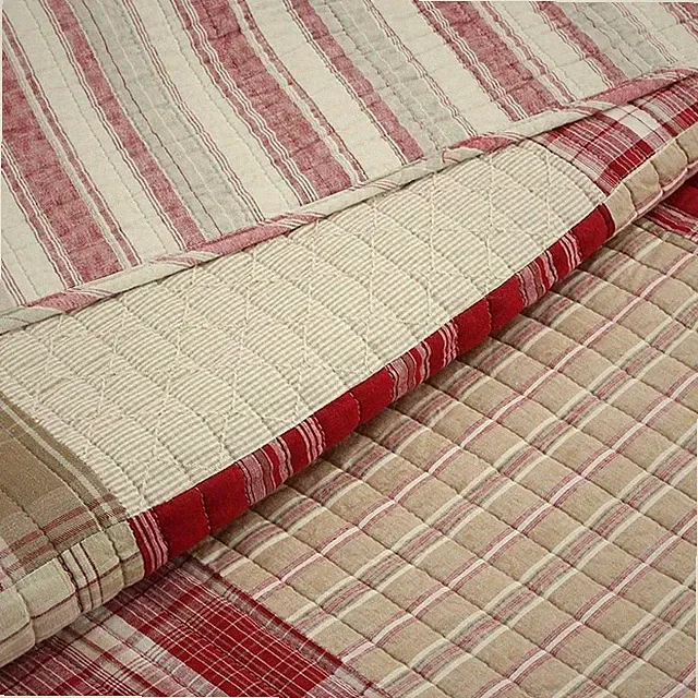 NEW! ~ COZY CLASSIC RED TAN TAUPE PLAID REAL PATCHWORK LODGE STRIPE QUILT SET