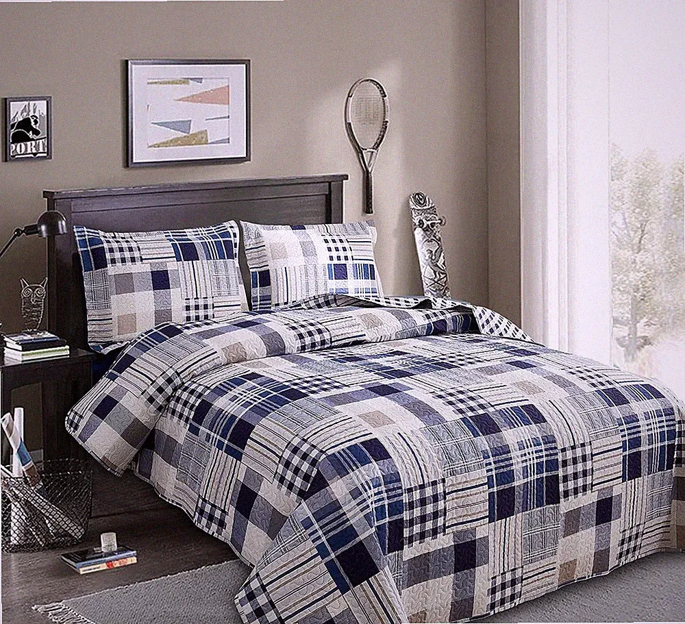 Patchwork Bedding Plaid Quilts Set Full/Queen Size, 3Pcs Navy Blue Buffalo Bedsp