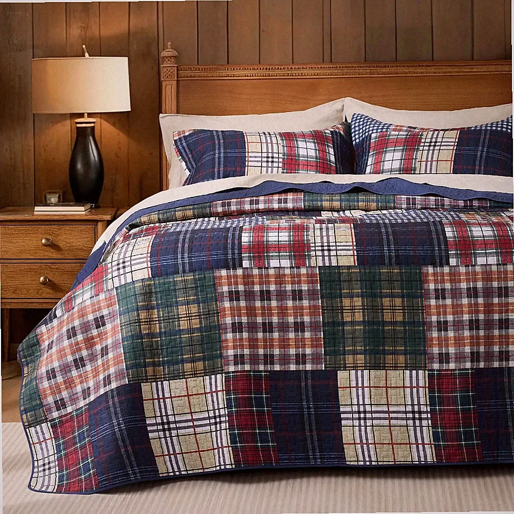 Patchwork Queen Quilt Bedding Set, Plaid Lightweight Reversible Bedspread Cov...