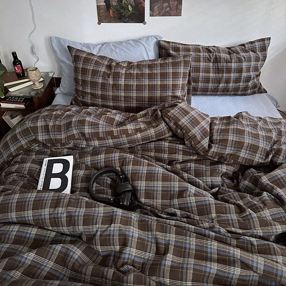 Plaid Duvet Cover Full Size 3 Pieces Blue Brown Buffalo Gingham Comforter Cover