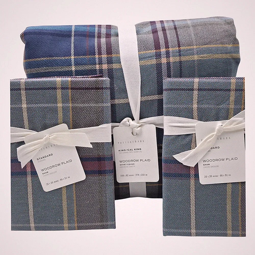 Pottery Barn Woodrow Plaid King Duvet Cover 2 Standard Sham Blue Bedding Cotton