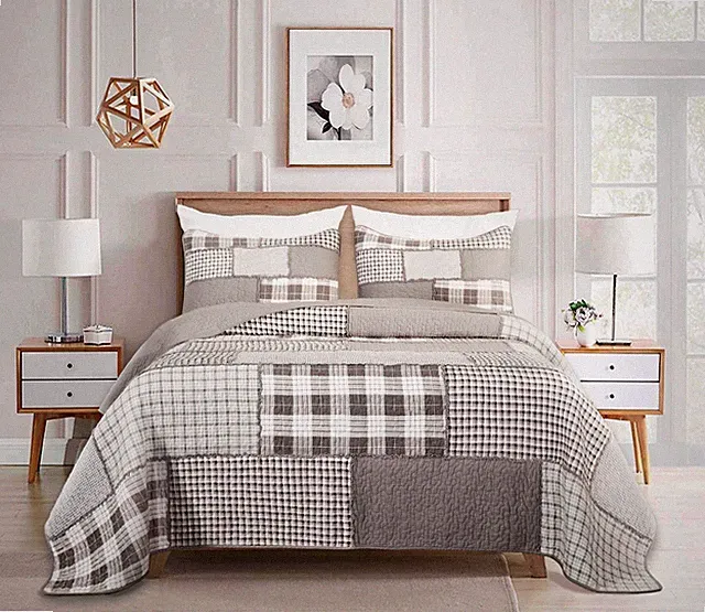 Pre-Washed Cotton Patchwork Quilt Set Windowpane Plaid Bedspread Coverlet Set