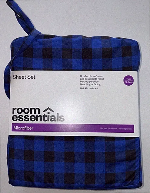 Room Essentials Sheet Set Twin XL Microfiber Blue Black Plaid Wrinkle Resistant