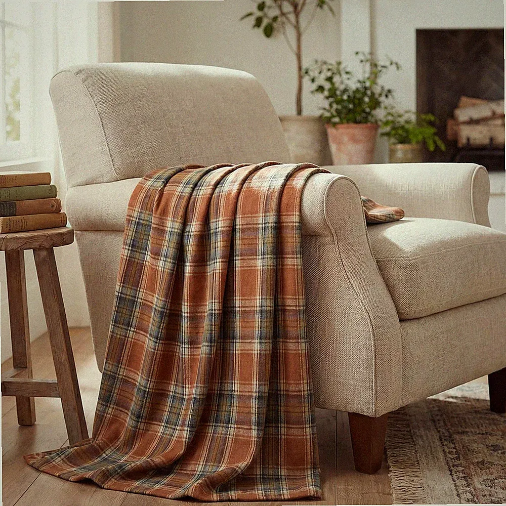 Rust Farmhouse Plaid Fall Decorative Blanket Throw, Autumn Rustic Soft Lightw...