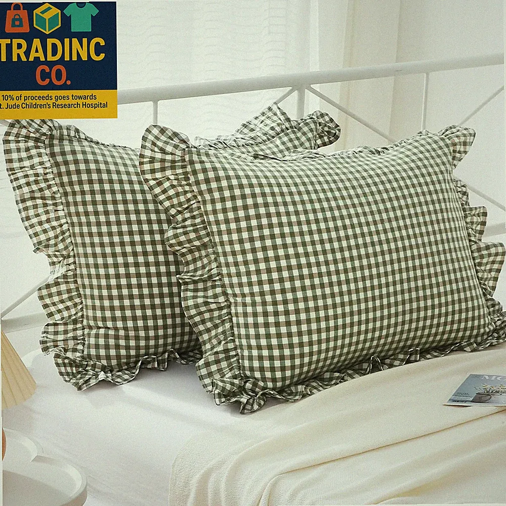 Sage Green Plaid Ruffle Pillow Shams Standard Set of 2,Vintage Checkered Washed