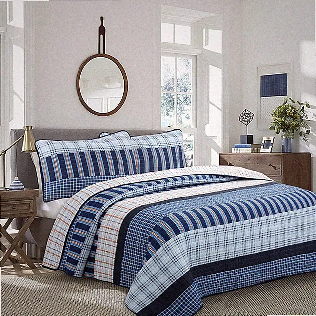 Salina Navy Plaid Reversible 100%Cotton Quilt Set, Bedspread, Coverlet