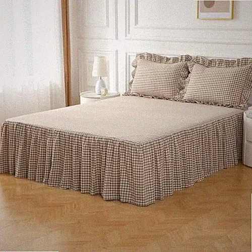 Taupe/White Plaid Bed Skirt Washed Cotton Vintage Queen - 18" Drop Taupe Plaid