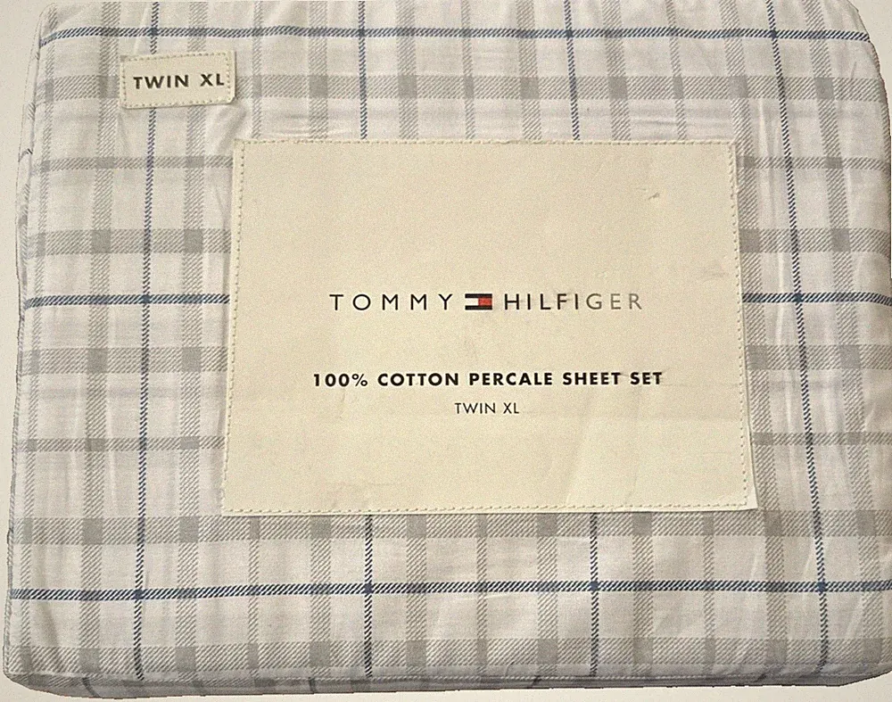 Tommy Hilfiger Newton Plaid Blue White Gray 100% Cotton TWIN XL Sheet Set 3pc
